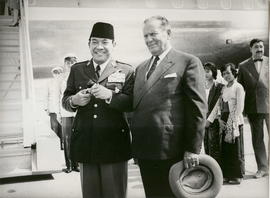 President of Indonesia Sukarno (left) and President of Yugoslavia, Josip Broz Tito (right) were i...