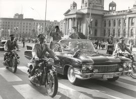 President of Indonesia, Sukarno (left) and President of Yugoslavia, Josip Broz Tito (right) waved...