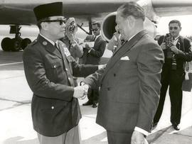President of Indonesia, Sukarno (left) greeted President of Yugoslavia, Josip Broz Tito (right) a...